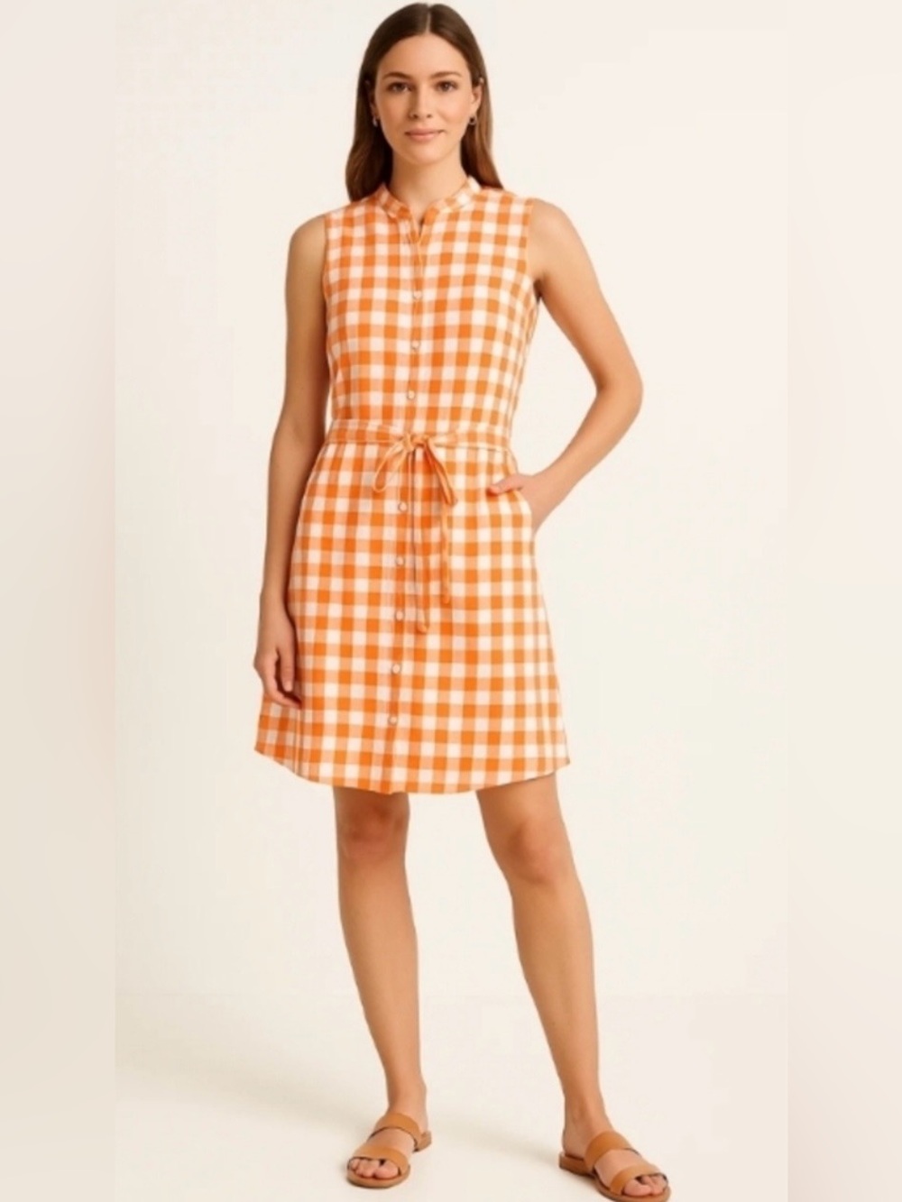 Tommy Bahama Orange and White Gingham Sleeveless Shirt Dress